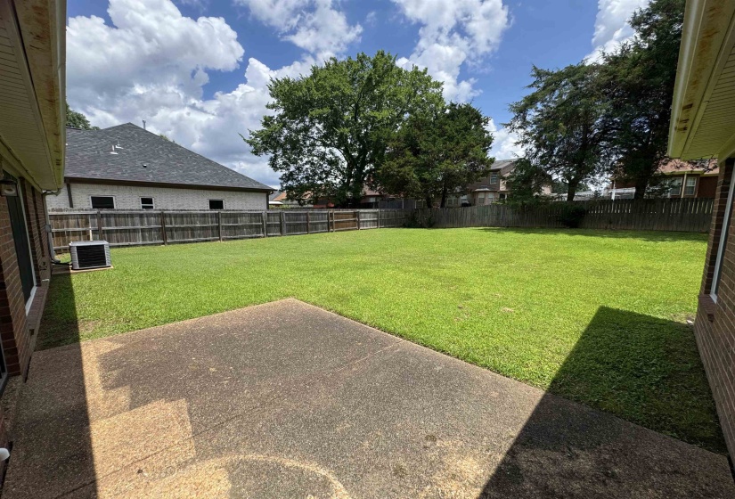 Spacious backyard featuring a concrete patio, expansive lawn, and mature perimeter trees