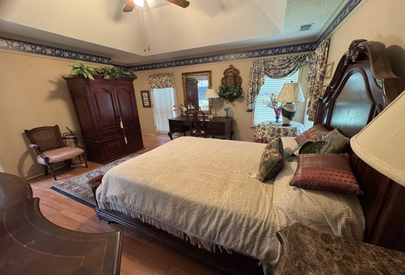 Room featuring a tray ceiling with a ceiling fan, wood-finish flooring, and two windows with blinds