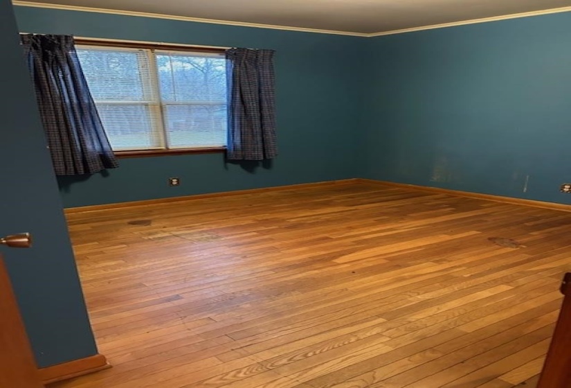 Empty room with ornamental molding and hardwood / wood-style floors