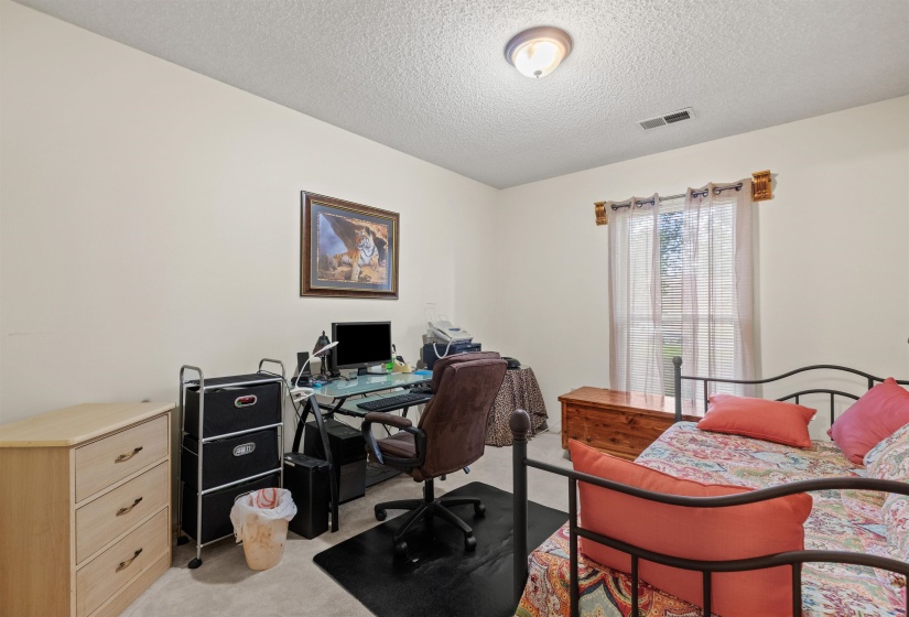 Room featuring light-colored walls, ceiling-mounted light fixture, and carpeted flooring