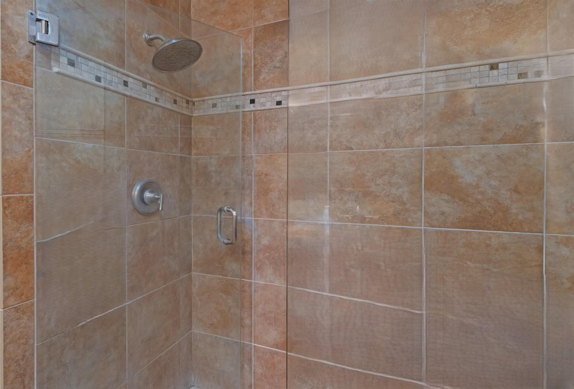 Shower enclosure with large format tan wall tiles and a decorative mosaic border