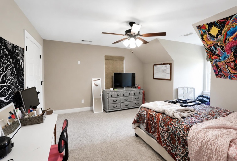 Carpeted bedroom featuring an angled ceiling, ceiling fan with light, window with bamboo-style blinds, and white paneled door