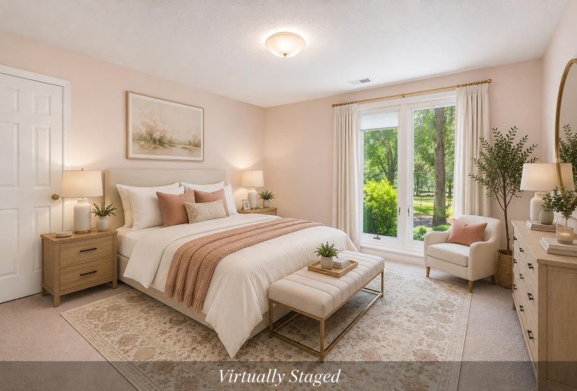 Spacious bedroom featuring light-colored wall finishes and carpet flooring