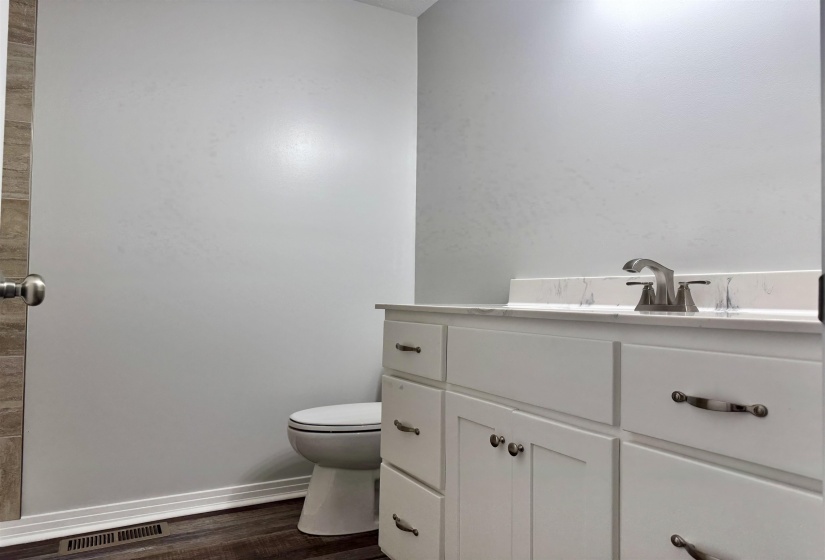Bathroom featuring vanity and dark wood-style floors