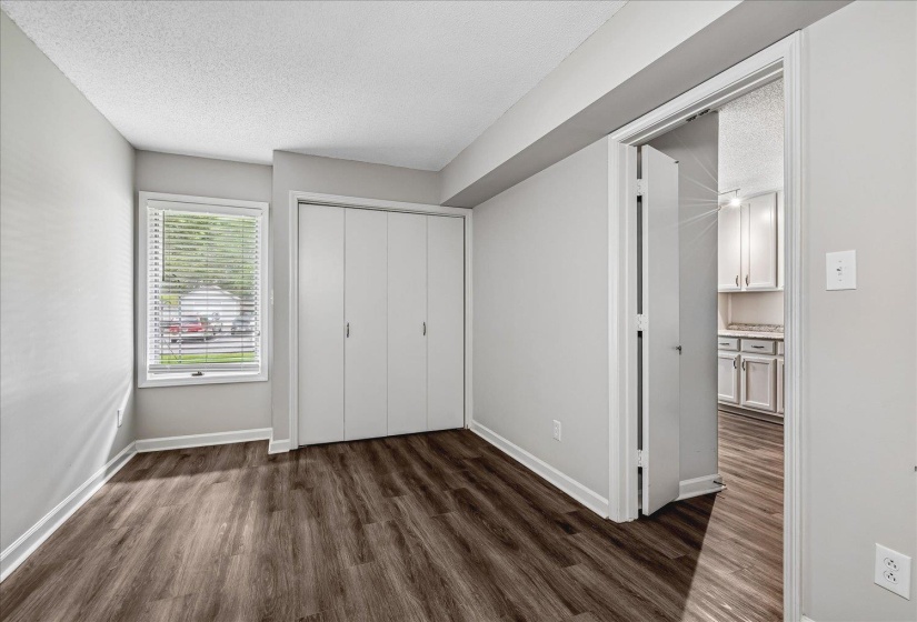Room with wood-finish flooring, light gray walls, and white trim