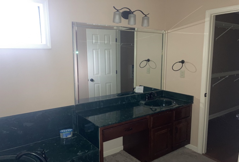 Bathroom vanity featuring a dark green countertop, integrated sink, and dark wood cabinetry