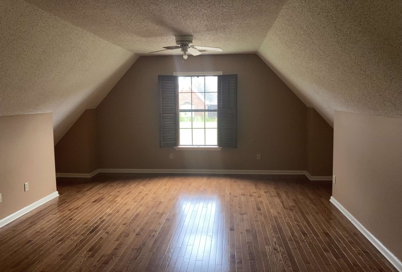 Spacious room featuring wood-finish flooring, a ceiling fan, and a window with louvered shutters