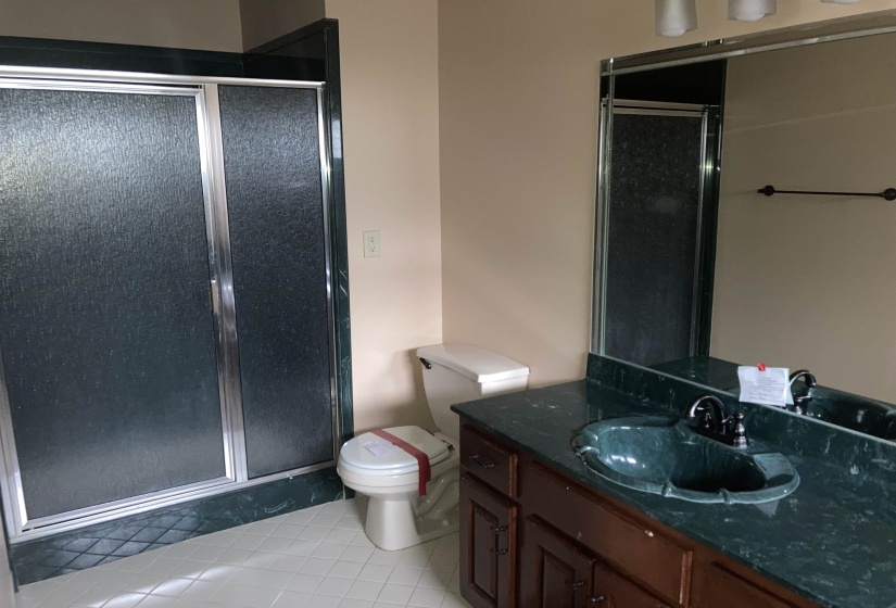Bathroom featuring a dark green countertop, integrated sink, and wood-finish cabinetry