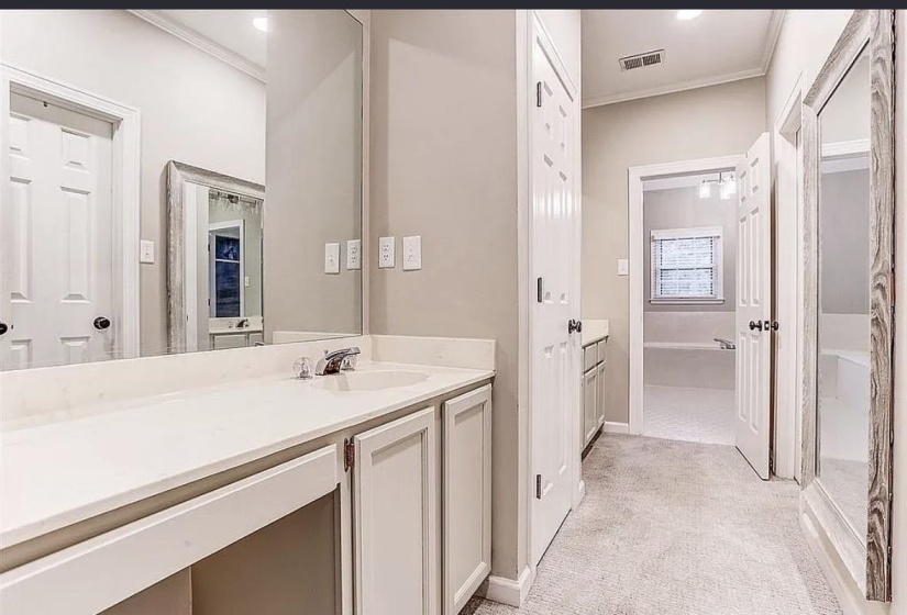 Bathroom vanity featuring a single basin sink and ample countertop space