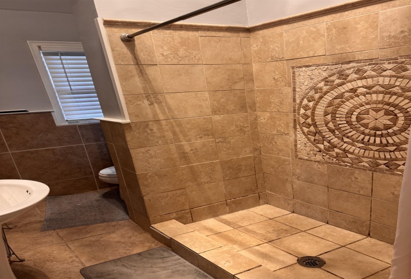 Tiled shower enclosure featuring a decorative mosaic accent and a step-up entry