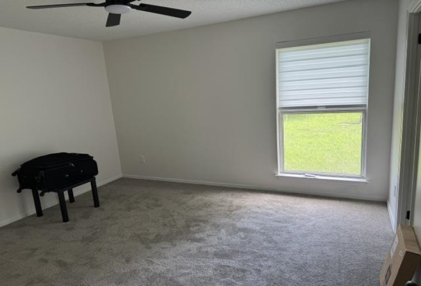 Carpeted room featuring a window with integrated blinds, a ceiling fan with light fixture, and neutral wall tones
