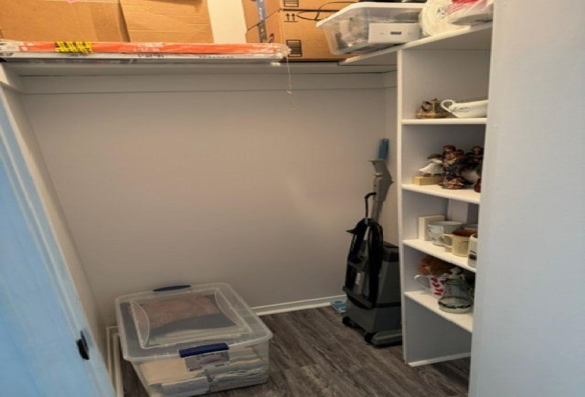 Interior closet with built-in shelving, a single upper shelf, and wood-finish flooring