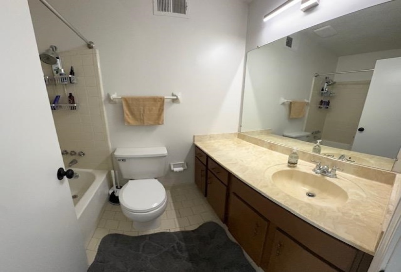 Bathroom vanity featuring a single basin, ample countertop space, and a full-width mirror