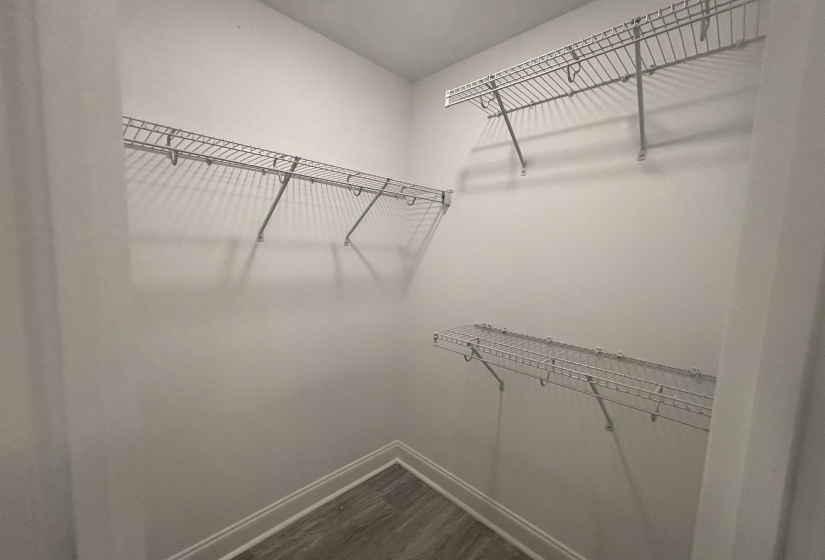 Walk-in closet featuring wire shelving, white walls, and wood-finish flooring with white baseboards
