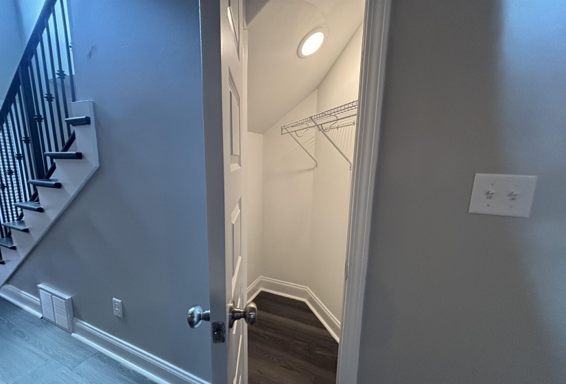 Under-stair storage featuring integrated wire shelving, recessed lighting, and wood-finish flooring