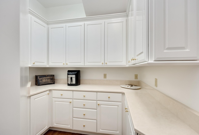 Extensive white cabinetry with gold-toned hardware, light-toned countertops, and wood-finish flooring