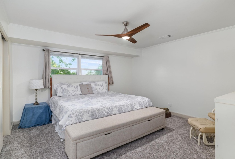 Bedroom featuring light gray carpeting, a multi-pane window with natural light, a contemporary ceiling fan with wood-finish blades, white walls, and a closet with a sliding door