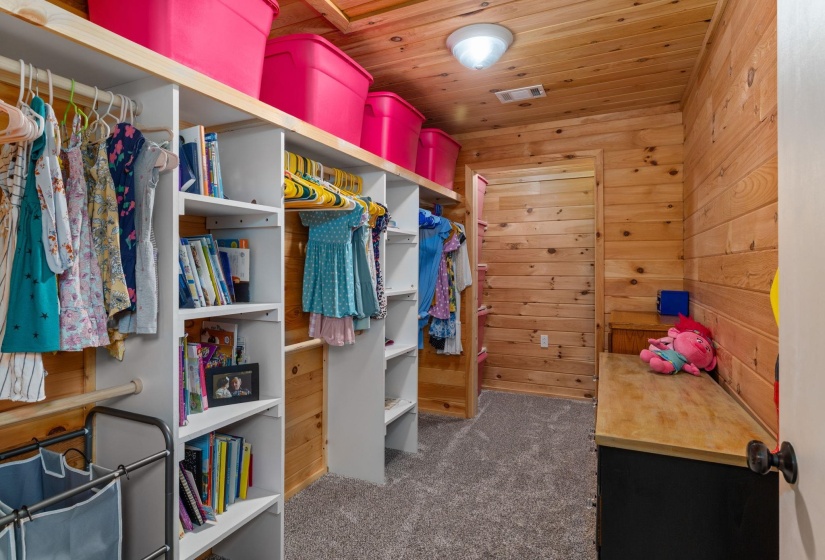 Custom closet featuring wood-paneled walls and ceiling, built-in shelving, hanging rods, and carpeted flooring