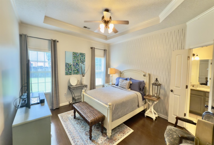 Bedroom featuring a raised ceiling, multiple windows, crown molding, dark wood-style floors, and ceiling fan