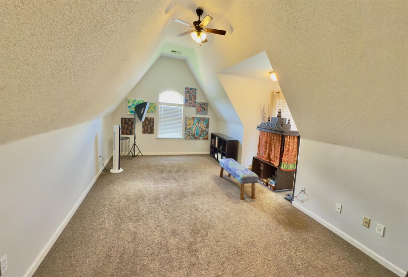 Additional living space featuring a textured ceiling, ceiling fan, carpet floors, and lofted ceiling