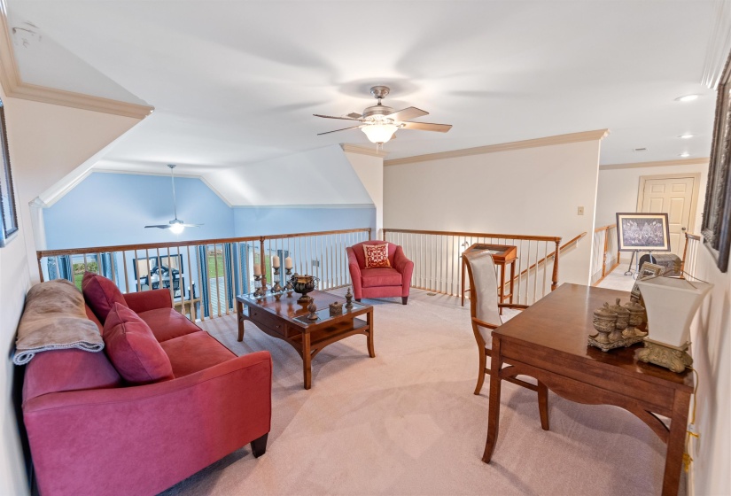 Interior space with lofted ceiling, ceiling fan, and crown molding