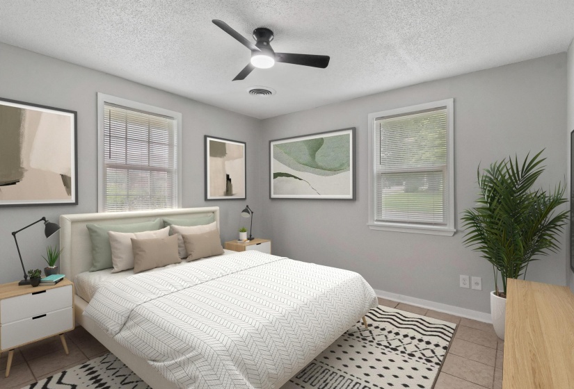 Bedroom featuring a ceiling fan with integrated lighting, multiple windows with blinds, and tile flooring