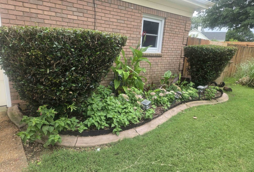 Brick exterior with a curved landscape bed featuring established shrubbery, varied plantings, and concrete curbing