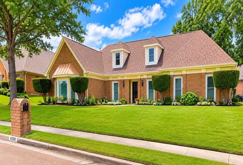 Brick facade residence featuring a prominent bay window with a copper-tone awning, dormer windows, and a manicured front lawn