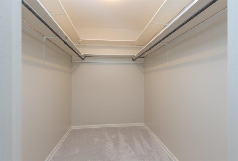 Spacious walk-in closet featuring light gray carpeting, neutral wall color, and built-in shelving with hanging rods