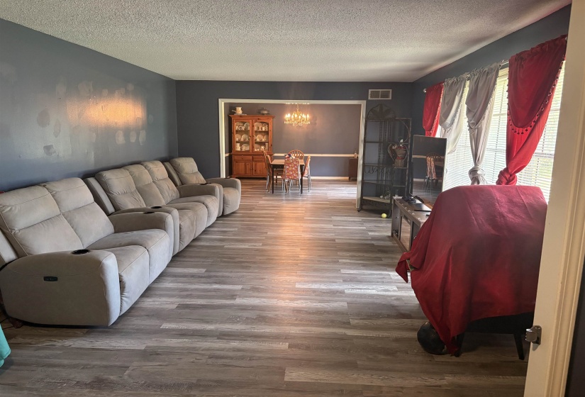 Open-concept living area featuring wood-finish flooring, dark accent walls, and an arched entryway to the dining space
