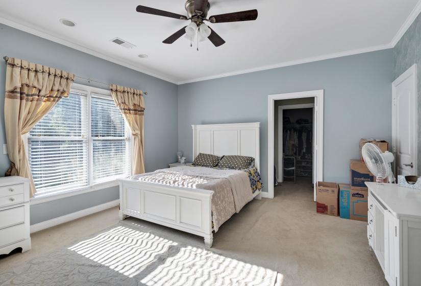 Spacious room featuring light blue walls, crown molding, a ceiling fan with integrated lighting, recessed lighting, and a large window with blinds