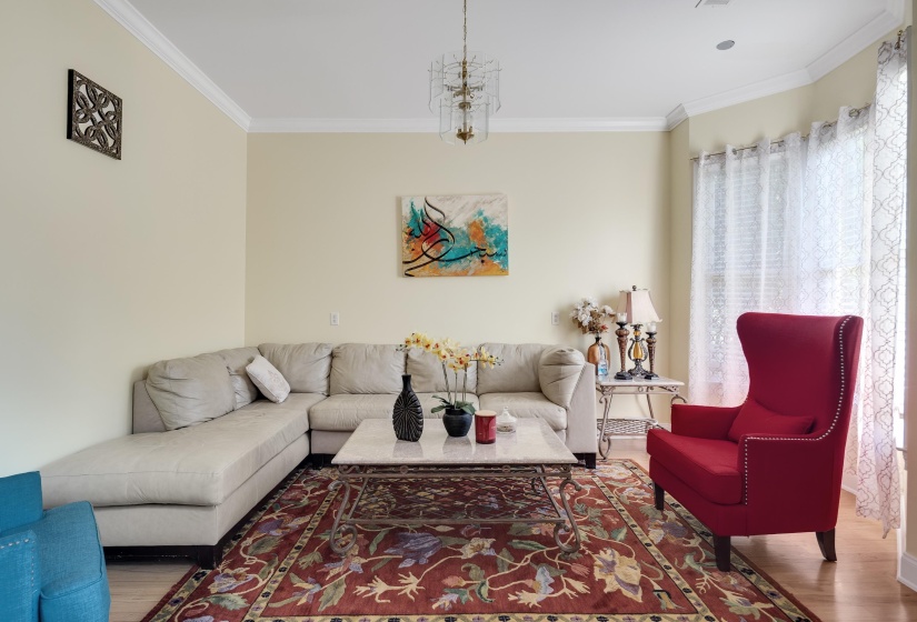 Living area featuring light-toned walls and crown molding