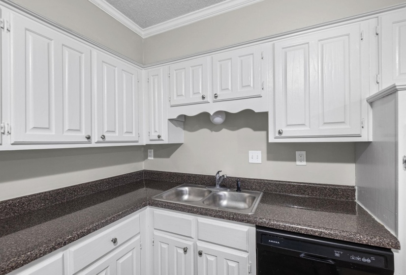 Kitchen featuring white cabinetry with brushed nickel hardware, speckled dark countertops, and a double basin stainless steel sink