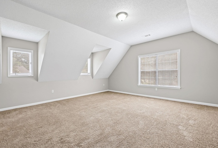 Spacious room with sloped ceilings and light gray wall paint