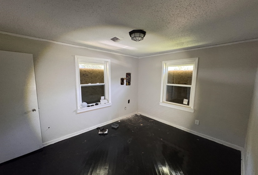Room featuring light-colored walls, dark wood-finish flooring, two large windows, white trim, and a ceiling-mounted light fixture