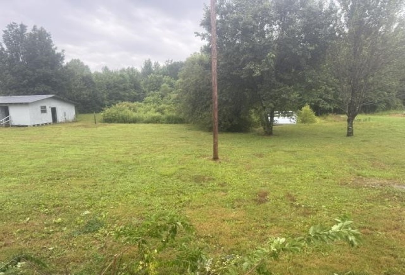 Expansive green space featuring a utility building, mature trees, and a glimpse of a body of water in the background