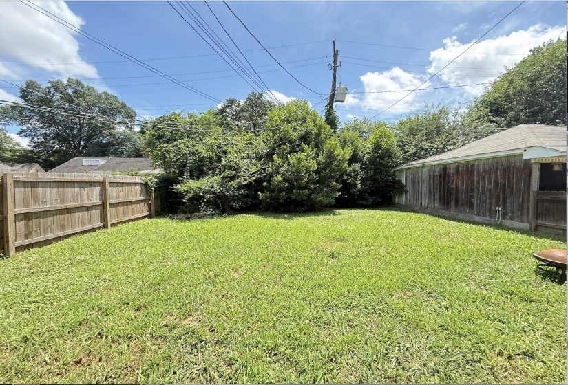 Expansive grassy backyard featuring a wood fence, mature perimeter shrubbery, and a visible outbuilding with vertical wood siding