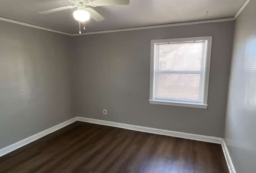 Spare room featuring ceiling fan, baseboards, dark wood finished floors, and crown molding