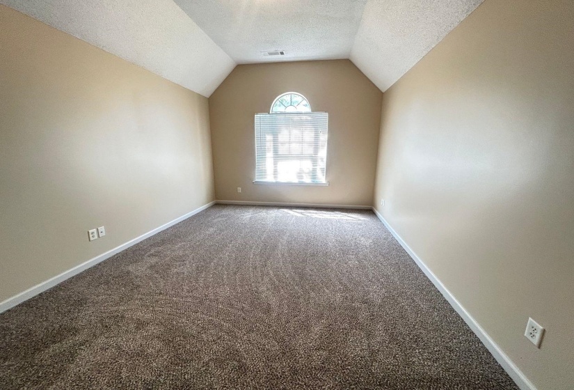 Carpeted spare room with lofted ceiling and a textured ceiling