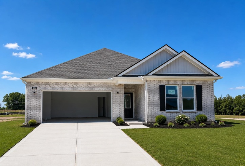 Contemporary home exterior featuring light-colored brick, a dark shingled roof, a two-car garage, manicured landscaping, and a concrete driveway