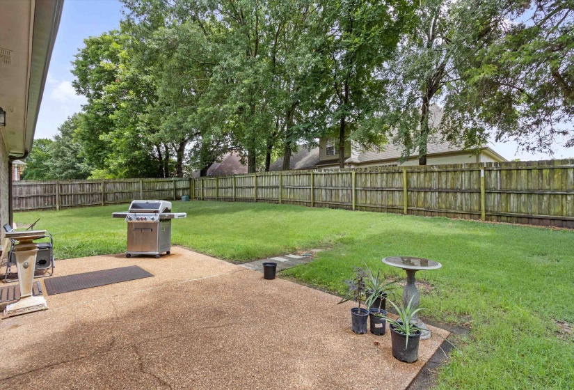 Expansive backyard featuring a concrete patio, a manicured lawn, a full privacy fence, and mature trees providing natural shading