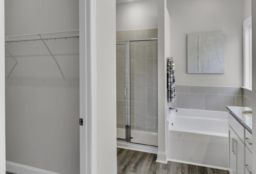 Full bathroom featuring vanity, a bath, a stall shower, and dark wood-style flooring