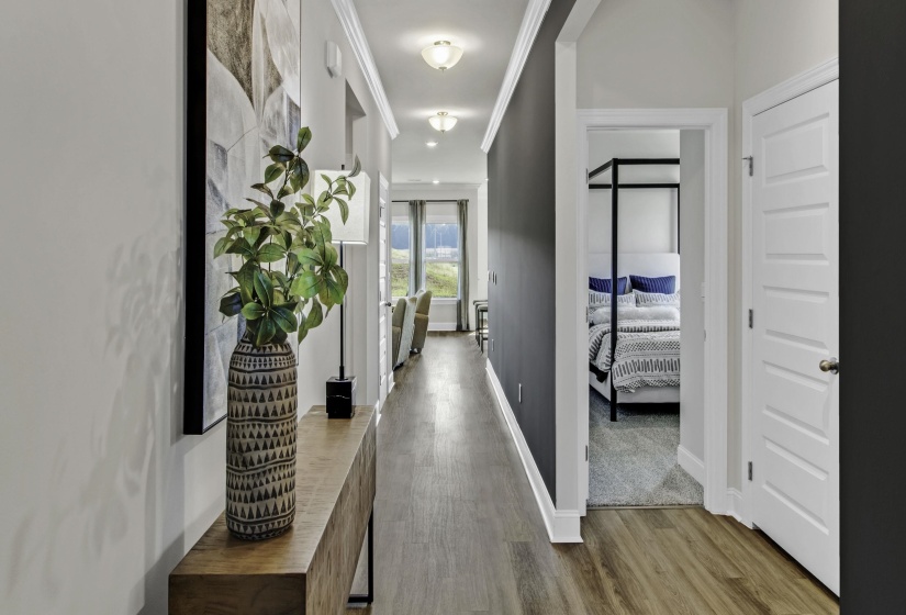 Hallway featuring ornamental molding and dark wood-style floors