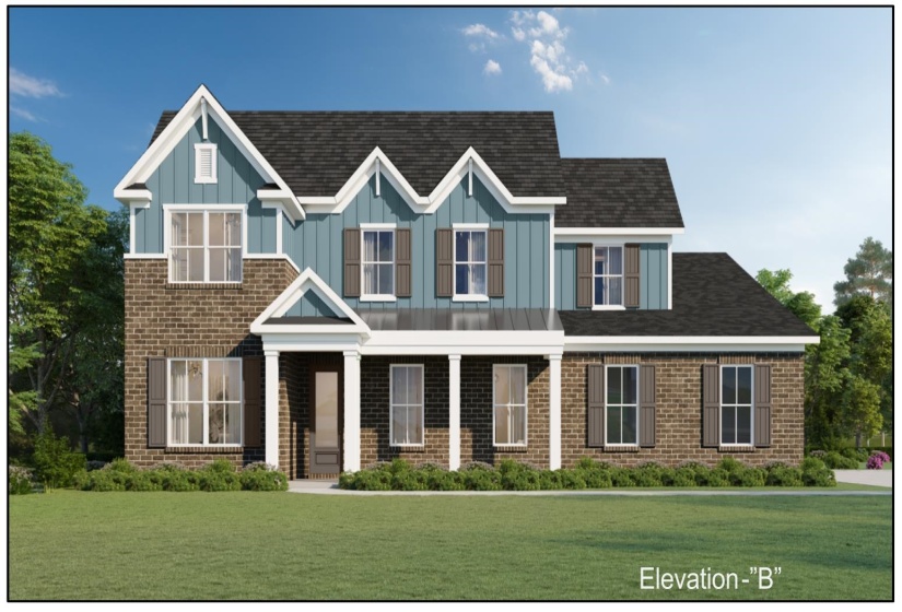 Two-story residence featuring a brick facade with blue siding accents