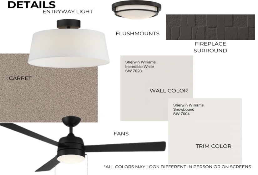 Property Specifications. Outlining material and color selections for the property