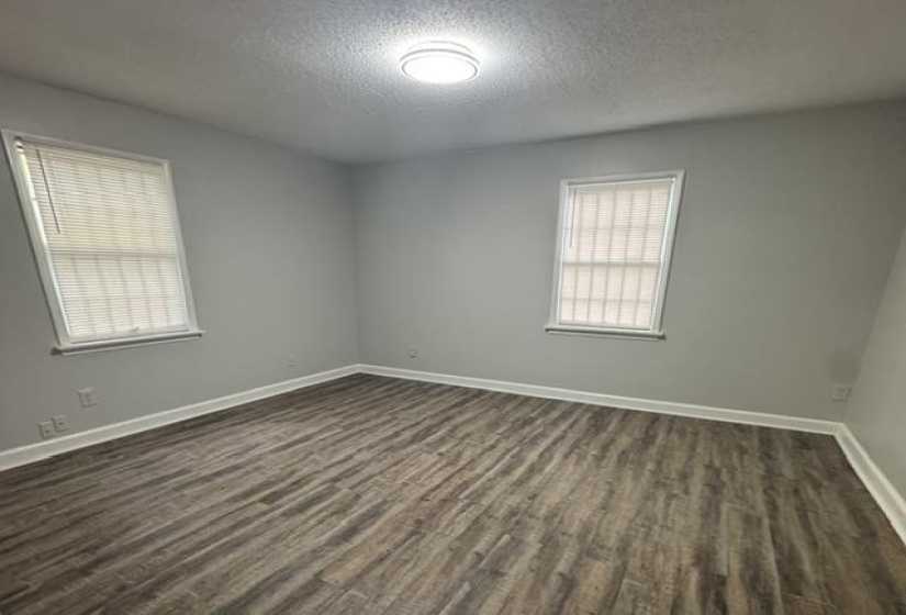 Spacious room featuring wood-finish flooring, light grey walls, white trim, two windows with blinds, and a flush-mount ceiling light