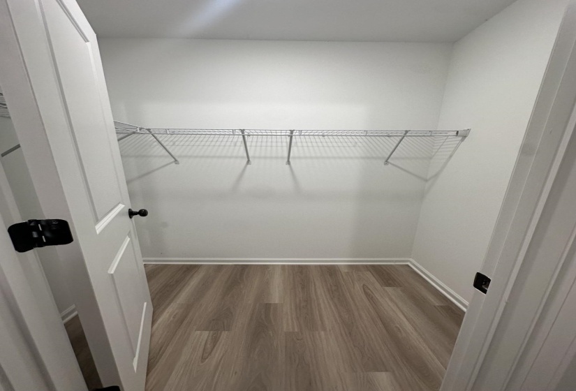 Spacious closet featuring a wire shelving system, light wood-finish flooring, white walls, white trim, and a white interior door with black hardware