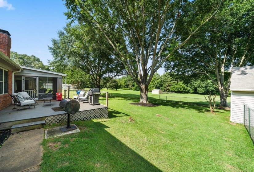 Expansive green lawn with mature trees and a chain-link fence