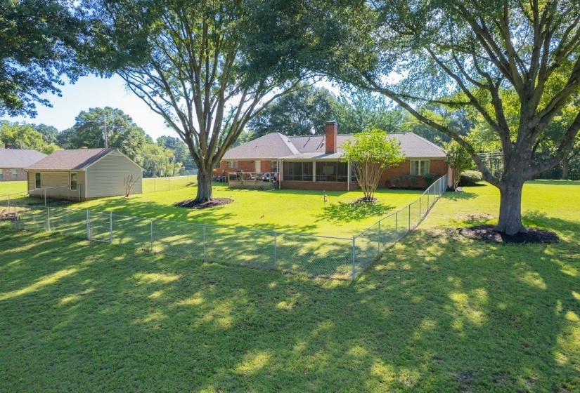 Expansive rear yard featuring mature trees, a chain-link fence, and a detached outbuilding