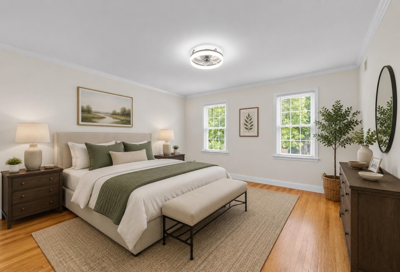 A peaceful second bedroom with large windows, hardwood flooring, and a comfortable layout designed for relaxation and everyday living. This photo has been virtually staged.